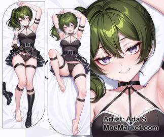 arm_strap armpits bare_shoulders barefoot black_belt black_boots black_dress black_gloves black_panties dakimakura dakimakura_design green_hair looking_at_viewer purple_eyes sousou_no_frieren thigh_strap ubel_(sousou_no_frieren)