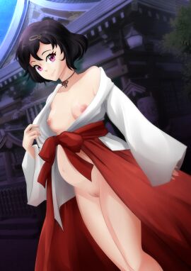1girls apple_cake black_choker black_hair breasts breasts_out choker commission exhibitionism exposed_breasts exposed_pussy eyebrows eyelashes female female_focus female_only flashing flashing_breasts flashing_pussy functionally_nude functionally_nude_female hair hairclip hairless_pussy hakama hakama_skirt miko nipples no_bra no_panties nudity outdoor_nudity outdoors outside pregnant pregnant_female public_exposure public_nudity purple_eyes pussy robe short_hair shrine shrine_maiden skull_hair_ornament small_breasts smiling smiling_at_viewer solo solo_female steins;gate tree urushibara_luka urushibara_ruka