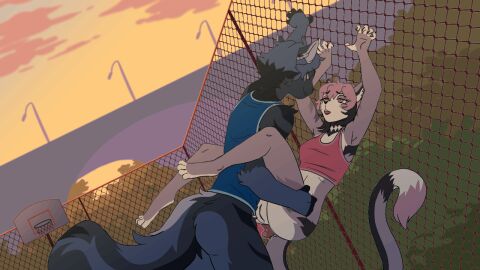 16:9 2024 2d_animation 5_fingers against_fence against_surface anal anal_juice_on_penis anal_sex animated anthro anthro_on_anthro ass barefoot basketball_court basketball_hoop black_body black_fur black_highlights blue_clothing blue_shirt blue_tank_top blue_topwear bottomless bottomless_anthro bottomless_female bottomless_male chain-link_fence character_(eziy) clothed clothing countershade_butt countershade_face countershade_feet countershade_fur countershade_torso countershading crop_top detailed_background digital_media_(artwork) duo erection eye_contact eyebrow_through_hair eyebrows feet felid feline female female_penetrated fence fingerless_(marking) fingers from_front_position fur fur_markings furry genitals grey_body grey_fur grey_hair hair highlights_(coloring) inner_ear_fluff looking_at_another looking_at_partner loop male male/female male_penetrating male_penetrating_female mammal markings narrowed_eyes open_mouth outside outside_sex pawpads penetration penile penile_penetration penis penis_in_ass pink_clothing pink_crop_top pink_eyes pink_hair pink_pawpads pink_shirt pink_topwear pseudo_hair pussy rettriverr sex shirt short_hair short_playtime sportswear stand_and_carry_position standing standing_sex tank_top topwear translucent translucent_hair tuft white_body white_countershading widescreen