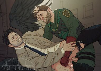 2boys actor anal anal_sex angel angel_wings anus artist_signature ass bara beard beard_stubble black_hair black_wings blue_eyes brown_hair castiel castiel_(supernatural) celebrity clothed clothing cum cum_drip cum_dripping duo erect_penis erection facial_hair friskypigeon gay gay_anal gay_sex green_eyes hair_grab handjob holding_partner human in_character intense_sex jensen_ackles light_skin looking_at_partner looking_pleasured male male/male male_only male_penetrated male_penetrating male_penetrating_male masturbation misha_collins one_eye_closed orgasm orgasm_face outdoors penetration penile_penetration penis penis_grab penis_in_ass pleasure_face ripped_clothing ripped_pants sex soldier_boy stubble suit superhero superhero_costume supernatural_(series) sweat sweatdrop sweating the_boys tie trenchcoat yaoi