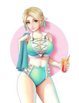1girls bikini bikini_bottom bikini_top blonde_hair breasts cleavage female female_only fire_emblem fire_emblem:_three_houses fire_emblem_heroes green_clothing green_eyes holding_object ingrid_brandl_galatea ingrid_brandl_galatea_(summer) jackarydraws large_breasts smile towel