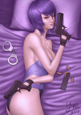 1girls bed female ghost_in_the_shell gun kusanagi_motoko on_bed solo yupachu