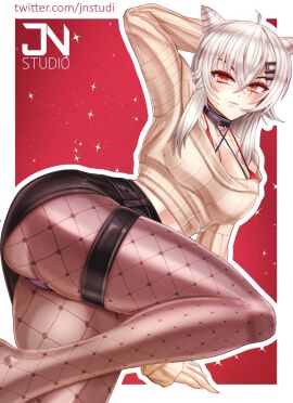 1girls 2d 2d_(artwork) ahoge ankle arm_up artist_name ass bangs blush bra breasts cleavage collar cowboy_shot cowlick drill_hair fancy female female_focus female_only fishnet_legwear fishnets grey_hair hair hair_accessory hair_between_eyes hairclip indie_virtual_youtuber jnstudio laying_down laying_on_side leg_up legs legs_together long_hair one_leg_up orange_eyes panty_peek red_eyes saruei_(vtuber) scar scar_across_eye scar_on_face silver_hair simple_background smile solo solo_female solo_focus solo_only sports_bra stars tagme thick_thighs thighs twitch twitter_username virtual_youtuber vtuber