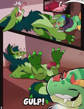 2024 absurd_res animal_genitalia anthro balls blep blush bodily_fluids chameleon claws clothed clothing comic cum cum_inside digital_media_(artwork) dragon duo emerald_dragon english_text erection fellatio genital_fluids genitals green_hair hair hi_res hybrid internal internal_fellatio internal_oral lizard lying male male/male male_penetrating mane mythological_creature mythological_scalie mythology neck_tuft nevos oral oral_penetration partially_clothed penetration penile penis penis_in_mouth penis_on_tongue reptile retter scalie sex sharp_teeth simple_background slit_(disambiguation) smile soul_stealing tail teeth text tongue tongue_out topwear tuft yellowluster
