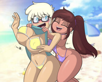 2girls ass beach big_breasts bikini blonde_hair breasts brown_hair closed_eyes disney disney_channel disney_xd doc.b female glasses huge_breasts mariposa_diaz multiple_females multiple_girls nervous nervous_face oc original_character ponytail pubic_hair rachael_loud shirt_lift smile smiley_face star_vs_the_forces_of_evil swimsuit the_loud_house thick_ass thick_butt thick_thighs
