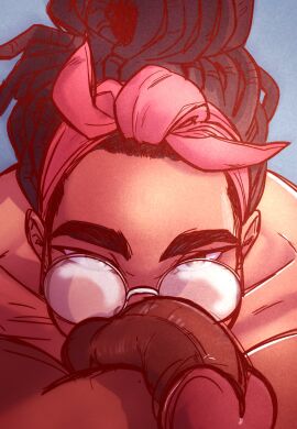 1boy balls balls_sucking black_eyes black_hair collarbone commentary dark-skinned_female dark-skinned_male dark_skin dreadlocks english_commentary female glasses hairband highres lemonjoojoo male oral original penis pink_hairband pov pov_crotch pov_eye_contact round_eyewear straight testicles