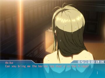 1boy 1girls 2010s 2011 age_difference barefoot blonde_eyebrows blonde_hair blue_eyes blush breasts cleavage completely_nude dresser english_text female female_focus fingernails fully_nude game game_cg highres huge_breasts indoors interior jellyfish_(company) kamimura_akiko keisuke_(sisters) kouzaka_kouhei leaves long_hair male mature_female mirror nude older_female_and_younger_male sisters_~natsu_no_saigo_no_hi~ sky smile smiley_face solo step-incest stepmother stepmother_and_stepson taki_minashika towel tree water water_drop wet_breasts window