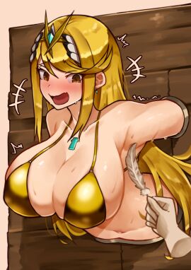big_breasts blonde_hair bondage breasts disembodied_hand female gold_bikini large_breasts laughing mythra oniisan02b solo_female solo_focus tickle_fetish tickle_torture tickling xenoblade_(series) xenoblade_chronicles_2 yellow_eyes yotsuhauni