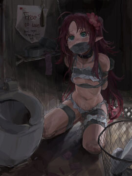 a_tea absurdres ahoge arknights arms_behind_back bare_shoulders bikini bondage bound breast_bondage breasts collar condom cum cum_in_mouth cum_on_body cum_on_stomach cumdrip english_text female frilled_bikini frills frogtie gag gagged green_eyes highres improvised_gag kneeling long_hair myrtle_(arknights) nipples red_hair restrained shibari_over_clothes small_breasts solo spread_legs swimsuit tape tape_gag toilet twintails very_long_hair white_bikini