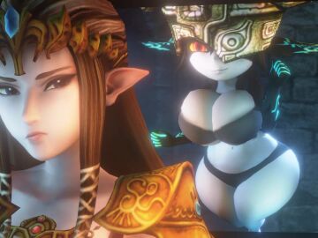 2girls 3d 3d_animation animated big_breasts bra breasts brown_hair cleavage clothing female female_only floating front_view imp_midna mask midna no_sound nurico orange_hair panties princess_zelda shortstack the_legend_of_zelda thick_thighs twilight_princess video wide_hips zelda_(twilight_princess)
