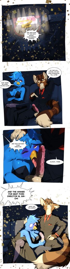 4_panel_comic absurd_res anthro avian balls beak big_breasts bird blue_body bluebird border breasts brown_body brown_fur caught caught_in_the_act clothing comic dialogue duo english_text female fur genet genitals hi_res humanoid_genitalia humanoid_penis licking male male/female mammal oral oscine passerine penile penis penis_grab penis_lick royer27_xd sex sex_toy speech_bubble suit suit_jacket text thrush_(bird) tongue vein veiny_penis viverrid white_border