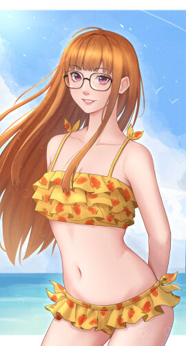 1girls absurdres ahoge arms_behind_back beach bikini bikini_skirt bird blue_sky blunt_bangs breasts cleavage commentary cowboy_shot day female floating_hair food_print frilled_bikini frills fruit_print glasses grin highres ikhwan_maulana lips long_hair long_orange_hair looking_at_viewer navel ocean orange_hair outdoors persona persona_5 purple_eyes ruffle_bikini sakura_futaba sidelocks sky small_breasts smile solo stomach strawberry_print swimsuit very_long_hair yellow_bikini