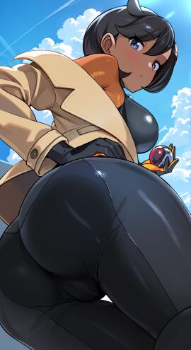 absurdres ass ass_focus black_bodysuit black_gloves black_hair blue_eyes blue_sky blush bodysuit breasts brown_jacket cloud cloudy_sky commentary_request dark-skinned_female dark_skin day emma_(pokemon) emma_(pokemon_legends:_z-a) female from_below game_freak gloves hair_between_eyes hair_ornament hand_on_own_hip highres holding holding_poke_ball huge_ass huge_breasts impossible_bodysuit impossible_clothes impossible_leotard jacket large_breasts latex latex_bodysuit leotard long_sleeves looking_at_viewer matiere_(pokemon) matiere_(pokemon_legends:_z-a) nintendo o_hair_ornament open_mouth outdoors poke_ball pokemon pokemon_legends:_z-a shiitake_taishi short_hair sideways_glance skin_tight sky smile solo standing teeth thigh_gap trefoil underboob upper_teeth_only wide_hips