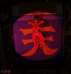 1girls 3d completely_nude demon demon_girl demon_horns female female_only hi_res meru_(merunyaa) multicolored_eyes nude original_character pubic_tattoo red_sclera succubus succubus_horns succubus_tattoo yellow_eyes