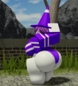 1girls 3d :p arms_behind_head ass ass_focus bubble_ass bubble_butt cone_hat elienia_(goofy_lookin) female fully_clothed goofylookin large_ass light-skinned_female light_skin looking_back purple_clothing purple_hair roblox robloxian short_hair solo_female stretching striped_clothing tounge_out traffic_cone white_skin