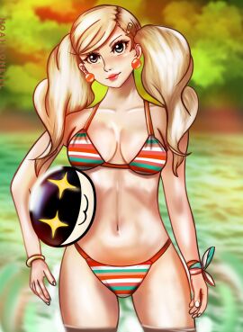 1girls ann_takamaki ball_(object) bikini blonde_hair blue_eyes bracelet breasts earrings female hairclip holding_ball in_water looking_at_viewer medium_breasts midriff morgana_(persona) multicolored_bikini multicolored_swimsuit navel noahaoneill outside persona persona_5 striped_bikini striped_swimsuit swimsuit trees twintails water wrist_ribbon