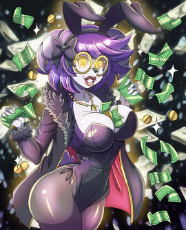animal_ears ayuko_(jcroth) breasts bunny_ears bunny_girl coat fake_animal_ears female female_only femsub fur_coat furry glasses glowing_eyes happy_trance horns indeedee large_breasts money necklace nintendo original pokemon purple_hair short_hair smile solo standing symbol_in_eyes unusual_pupils zorro-zero