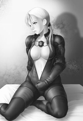 1girls artist_request bodysuit capcom center_opening female greyscale jill_valentine jill_valentine_(blonde) knees resident_evil resident_evil_5 sitting solo