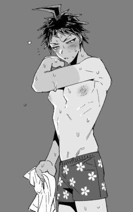 boxers boxers_(clothing) boxers_only danganronpa danganronpa_2:_goodbye_despair drfav hinata_hajime male male_focus male_only monochrome nipples pecs pecs_focus pectorals puffy_nipples shirtless shirtless_male solo solo_focus solo_male tan_body tan_lines tan_skin tanline tanlines underwear underwear_only uurin