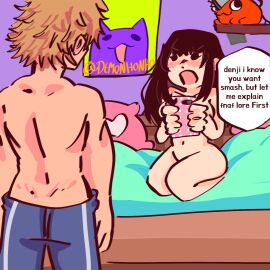 1boy 1girls barefoot black_hair blonde-haired_male blonde_hair blush breasts burter chainsaw_man chibi completely_nude completely_nude_female covered_breasts demonhonho denji_(chainsaw_man) female full_body heart_pillow humor imminent_sex kneeling kneeling_female kneeling_on_bed long_hair male mitaka_asa naked naked_female nude nude_female on_bed pochita_(chainsaw_man) topless topless_male yapping