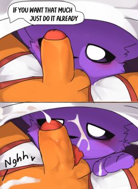 absurd_res anthro anthro_on_anthro anthro_only balls balls_bite bedding bite black_nose blanket blush bodily_fluids boxer_briefs canid canine canis catnap catnap_(poppy_playtime) clothing clothing_aside comic critters_(poppy_playtime) cum cum_on_belly cum_on_body cum_on_face cum_on_hand cum_on_own_belly cum_on_self cumshot dialogue dogday dogday_(poppy_playtime) doggy domestic_cat domestic_dog duo ejaculation english_text erection felid feline felis fluffyzit foreskin fur furry_only genital_fluids genitals glans half-closed_eyes heart_after_text heart_symbol hi_res licking looking_at_genitalia looking_at_penis male male/male mammal mob_entertainment mostly_offscreen_anthro mostly_offscreen_character mostly_offscreen_male narrowed_eyes no_humans oral orange_balls orange_body orange_fur orange_penis orange_skin partially_retracted_foreskin penile penis penis_lick poppy_playtime poppy_playtime_(chapter_3) pupils purple_body purple_ears purple_eyes purple_fur purple_skin red_glans red_seam_boxer_briefs retracted_foreskin saliva saliva_on_penis sex smiling_critters speech_bubble tagme talking_to_another talking_to_partner text tongue uncircumcised under_covers underwear underwear_aside white_boxer_briefs white_clothing white_pupils white_underwear