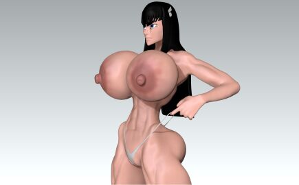 3d 3d_model ass black_hair blue_eyes breasts condom condom_wrapper fake_breasts female g-string huge_ass huge_breasts kill_la_kill kiryuuin_satsuki mostly_nude muscular muscular_female pale_skin panties panties_only panty_pull thong topless xmrsmoothx xxl_condom