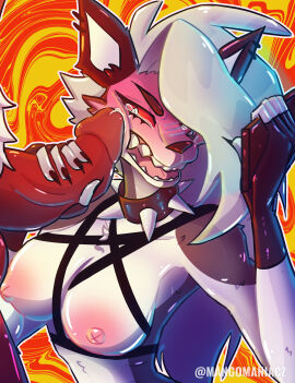 1boy 1girls alternate_version_available angry angry_expression angry_eyes angry_face angry_fellatio bdsm_harness black_nails breasts crying crying_with_eyes_open dick_slap earings fangs_bared fangs_out fat_shaming female furry gloves grey_hair harness hell_hound helluva_boss hurt_expression imp loona_(helluva_boss) male moxxie_(helluva_boss) penis phone pink_nipples red_face red_skin sharp_teeth shiny spiked_collar teeth teeth_pointy teeth_showing teeth_visible textless textless_version thick_penis white_fur white_hair