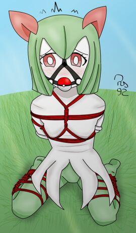 anthro ball_gag bondage bound captured female gag generation_3_pokemon hi_res humanoid kidnapping kirlia nintendo pokemon pokemon_(species) restraints riverswitch92 rope rope_bondage rope_harness solo solo_focus