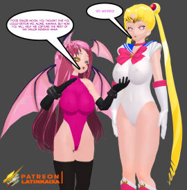 2girls 3d bishoujo_senshi_sailor_moon blonde_hair breasts cg demon demon_girl female female_only head_wings hypnosis large_breasts latinkaixa leotard mind_control pink_hair pink_leotard sailor_moon usagi_tsukino white_leotard wings
