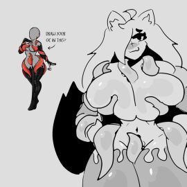 animal_ears armwear belly belly_button blackholetree_(artist) breasts draw_your_oc_in_this female hips hips_wider_than_shoulders hourglass_figure juno_(blackholetree) kemonomimi large_breasts large_hips large_thighs long_hair massive_breasts midriff monochrome original original_artwork original_character overflowing_breasts scantily_clad shiny_skin tail tentacle thighhighs tummy wolf_girl