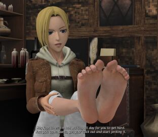 1girls 3d annie_leonhardt attack_on_titan blonde-haired_female blonde_female blonde_hair blue_eyes clothed clothed_female clothes feet feet_focus feet_tease feet_together feet_up female female_focus female_only foot_fetish footfetishrenders implied_footjob light-skinned_female light_skin shingeki_no_kyojin tease teasing teasing_with_feet text variant variant_set