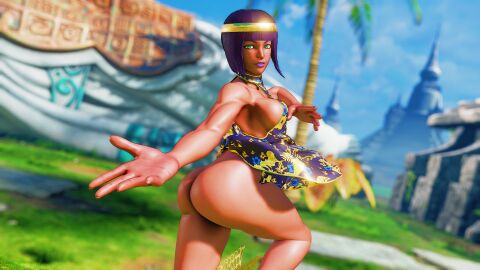 3d adnarimydeth ass breasts bubble_ass bubble_butt busty capcom dress egyptian egyptian_female female female_focus female_only going_commando hourglass_figure menat_(street_fighter) no_panties purple_hair short_hair street_fighter street_fighter_v tagme wide_hips