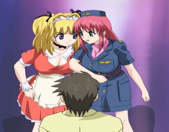 00s 1boy 2000s 2005 2girls alternate_hairstyle animated annoyed big_breast big_breasts blue_eyes boin boin_lecture breast_press breasts brown_hair busty cleavage clenched_hand female green_eyes hair_ribbon hat highres huge_breast iihara_nao jealous large_breasts legs long_hair looking_at_another male ms_pictures multiple_females multiple_girls open_mouth pink_hair ribbon short_hair skirt stitched thighs third-party_edit tsukushino_mitsugu twintails voluptuous waitress