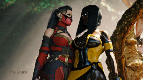 2girls 3d clothed clothed_female dark-skinned_female dark_skin duo duo_female duo_focus ebony edenian female female/female female_only fully_clothed intimate_distance melanin mileena mortal_kombat mortal_kombat_1_(2023) netherrealm_studios no_penetration self_upload tanya_(mortal_kombat) tncstudio together