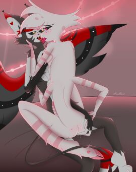 2boys 4_arms angel_dust_(hazbin_hotel) anthro ass femboy fingering french_kiss furry gay hazbin_hotel husk_(hazbin_hotel) kissing male male/male paws sex twink vmypevch wings yaoi