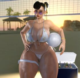 1girls 3d areolae asian asian_female beach big_breasts bikini bikini_top bracelet breasts breasts_bigger_than_head busty capcom chun-li cooler curvy curvy_female female female_focus female_only genitals hand_on_hip inner_sideboob light-skinned_female lipstick looking_at_viewer malef1cent nail_polish nipple_slip oiled panties_aside sideboob solo street_fighter street_fighter_6 sunglasses sunlight sunset sweat tanline tanned thick_thighs thigh_strap volleyball volleyball_net voluptuous wide_hips