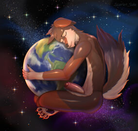 2024 anthro anthro_only ass canid canine canis claws closed_eyes cosmos digital_media_(artwork) earth feet femboy foreskin fur genitals girly hair hi_res holding_object in_space macro male mammal nude paws peaceful penis planet scarlet_side sky solo space star tail toes uncircumcised