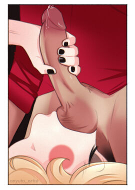 alastor_(hazbin_hotel) anyuta_artist artist_name balls big_penis bottomless_male charlie_morningstar_(hazbin_hotel) closed_eyes erection fellatio fit_male handjob_while_sucking hazbin_hotel leaking_precum male oral penis pleasure_face precum precum_drip stroking_penis sucking_balls upside-down