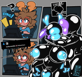 1futa 1girls 2024 3_fingers absurd_res animal_humanoid antlers assimilation big_bulge black_latex blue_clothing blue_eyes blue_lips blue_nipples blue_shirt blue_topwear blueberry_(blueberrygriz) blueberry_grizzly_(blueberrygrizzly) blueberrygrizzly bodily_fluids brain breast_expansion breast_growth breast_growth_(enlargement) breast_squish breasts brown_hair bulge clothing corruption cursed_fleshlight cursed_fleshlight_(gorila_invisible) deer deer_humanoid dialogue dripping duo ear_penetration electronics english_text expansion eyewear female fingers freckled_face freckles futanari glasses glistening glistening_body glistening_latex hair hi_res horn huge_lips humanoid hyper_lips identity_death intersex intersex/female latex latex_body latex_creature latex_transformation light-skinned_futa light_skin lips liquid_latex living_latex mammal mammal_humanoid mind_control monitor nipples penetration purple_lips purple_tongue round_glasses saliva shirt sitting source_request species_transformation squish standing text thick_thighs tongue topwear transformation twitter typo wearing_glasses wide_hips