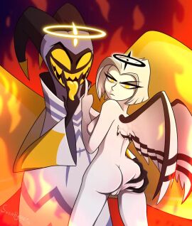 1boy 1girls adam_(hazbin_hotel) angel angel_girl angel_wings ass ass_grab black_halo clothed_male_nude_female cmnf duo female halo hazbin_hotel lute_(hazbin_hotel) male middle_finger naked nude nude_female sweethysteria vivienne_medrano white_halo