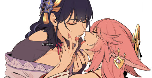 2girls female fox_ears genshin_impact hoyoverse kissing kitsune lesbian_kiss maiqo multiple_females multiple_girls nail_polish pink_hair purple_hair raiden_shogun saliva tongue yae_miko yuri