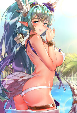 1girls aqua_nails arched_back ass ass_crack bare_shoulders bikini blue_eyes blue_hair blush bracer breasts butt_crack covered_erect_nipples day dragon_girl dragon_horns dragon_tail female from_side hair_ornament halterneck highres horns jewelry king's_raid laias_(king's_raid) large_breasts long_hair looking_at_viewer lowleg lowleg_bikini monster_girl multiple_hair_ties nail_polish naso4 o-ring open_mouth outdoors palm_tree pointy_ears ponytail reptile_humanoid round_teeth shoulder_blades sideboob sidelocks smile solo sparkle swimsuit tail teeth thighlet tree upper_teeth very_long_hair wading water