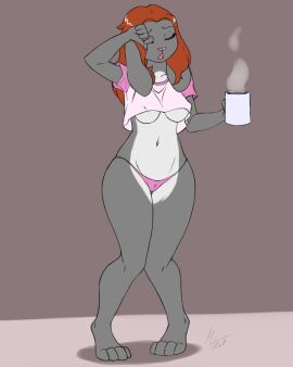 anthro beverage breasts camel_toe cameltoe clothing coffee container cup female furball hi_res lagomorph leporid lopears mammal mug panties pussy rabbit rubbing_eyes tired under_boob underwear