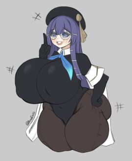 1girls alternate_breast_size black_clothing breasts female glasses heart honkai:_star_rail huge_breasts leotard long_hair meme nerd nerdy_female original pela_(honkai:_star_rail) purple_hair ribbon solo suomii thick_thighs tights