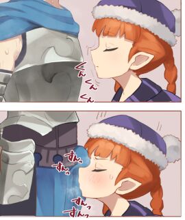 1boy 1girls 2d alain_(unicorn_overlord) armor balls big_penis blush braid braids bulge bulge_in_face bulge_through_clothing bulging_penis closed_eyes clothed elf elf_female erection erection_under_clothes face_against_crotch face_against_penis female female_focus hat human human_female human_male human_only kunabishi light-skinned_female light-skinned_male light_skin male male_human/female_elf motion_lines orange_hair penis penis_against_face penis_bulge pointy_ears sniffing sniffing_balls sniffing_penis steam steaming_body steamy steamy_penis sweat sweatdrop tagme twin_braids twintails unicorn_overlord unseen_face unseen_male_face yunifi_(unicorn_overlord)