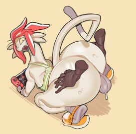 anthro balls betelgeusian biped clothing disembodied_hand duo gay genitals headgear headwear hi_res looking_back male mammal meow_(space_dandy) mostly_nude rear_view space_dandy submarine_screw tail