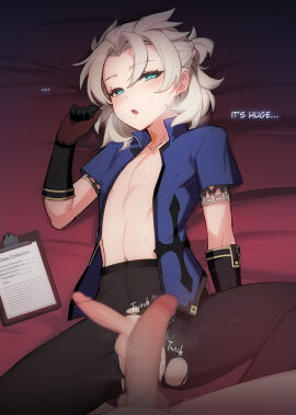 2boys albedo_(genshin_impact) androgynous aqua_eyes bangs bed_sheet black_gloves blue_shirt breath bulge censored clipboard collarbone collared_shirt covered_nipples cute english_text erection feet_out_of_frame femboy genshin_impact gloves grey_hair hand_up heavy_breathing instanttnoodle large_penis looking_at_viewer lying male male_focus medium_hair multiple_boys multiple_males navel on_back open_clothes open_mouth open_shirt otoko_no_ko out_of_frame pantyhose penis shadow shirt short_sleeves sidelocks thighs toned toned_male trembling twink yaoi