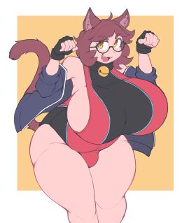 1futa 1girls big_breasts blue_jacket breasts brown_ears brown_hair brown_tail bulge cat_ears cat_tail catgirl fangs female female_only fingerless_gloves furry futa_only futanari glasses huge_breasts jacket kittenboogers light_skin massive_breasts sideboob slightly_chubby solo solo_female subakitsu thick_thighs top_heavy wide_hips yellow_eyes