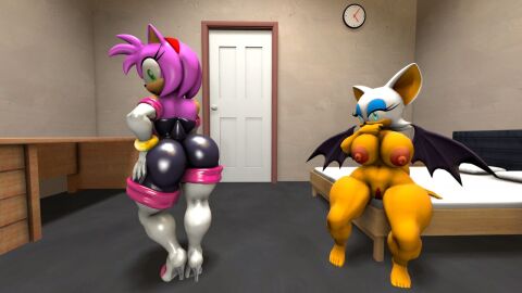 2girls 3d 3d_model alternate_breast_size amy_rose amy_rose_(kabalmystic) amy_the_bat ass bodysuit breasts bubble_ass bubble_butt curvy female female_only kabalmystic looking_back mobian mobian_(species) mobian_bat multiple_females multiple_girls naked_female pinup_pose rouge_the_bat rouge_the_bat_(cosplay) rouge_the_bat_(kabalmystic) sega sonic_(series) sonic_adventure_2 sonic_the_hedgehog_(series) spandex_suit yuri