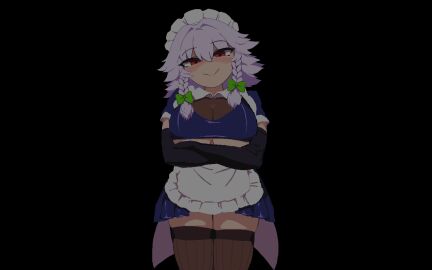 1girls animated arms_under_breasts big_breasts black_elbow_gloves black_gloves black_latex_gloves black_legwear black_long_gloves blowjob_gesture blush breasts color elbow_gloves female female_pervert gloves hair_ornament jumpscare latex latex_elbow_gloves latex_gloves latex_long_gloves long_gloves looking_at_viewer maid_apron maid_headdress pixel_art red_eyes sakuya_izayoi see-through see-through_clothing short_skirt short_sleeves skirt squatting takorin teleportation thick_thighs thighhighs time_stop tongue tongue_out touhou twin_braids underboob voluptuous voluptuous_female white_hair